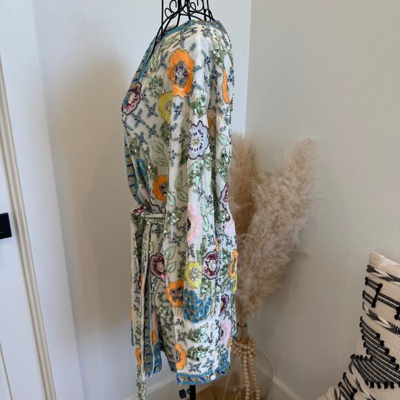 ASOS Fully Beaded Floral Wrap Belted Mini Dress NWT Size 8 - Picture 4 of 12